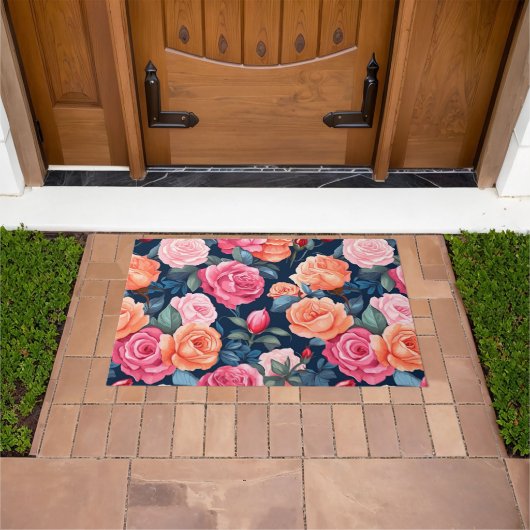 Rood Roze Sinaasappel Rozen Patroon Design Deurmat (Buiten)