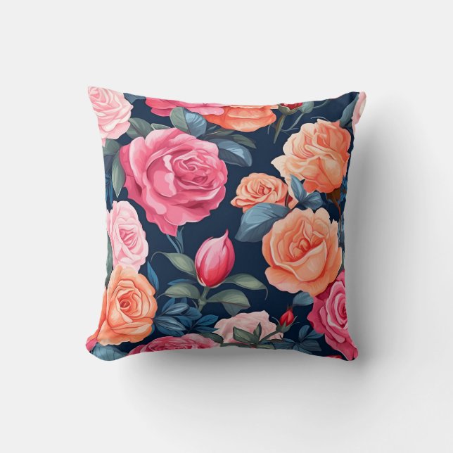 Rood Roze Sinaasappel Rozen Patroon Design Kussen (Voorkant)
