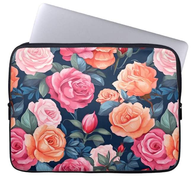 Rood Roze Sinaasappel Rozen Patroon Design Laptop Sleeve (Voorkant)