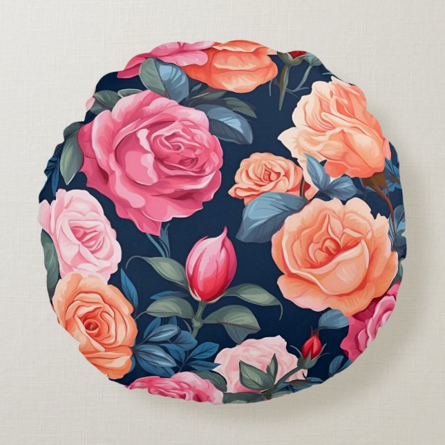 Rood Roze Sinaasappel Rozen Patroon Design Rond Kussen (Voorkant)