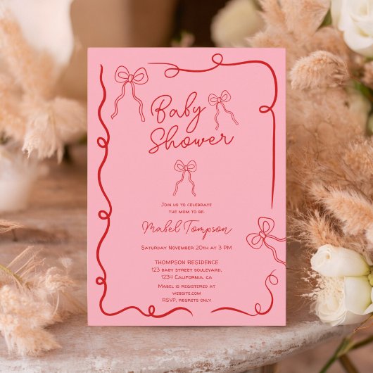 Rood roze strik lint illustraties Baby shower Kaart