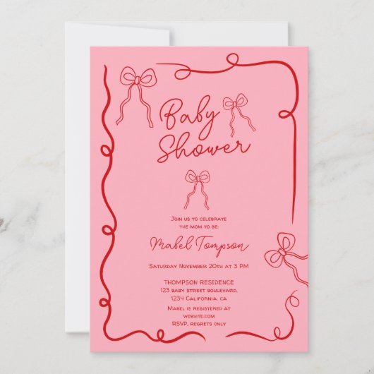 Rood roze strik lint illustraties Baby shower Kaart (Voorkant)