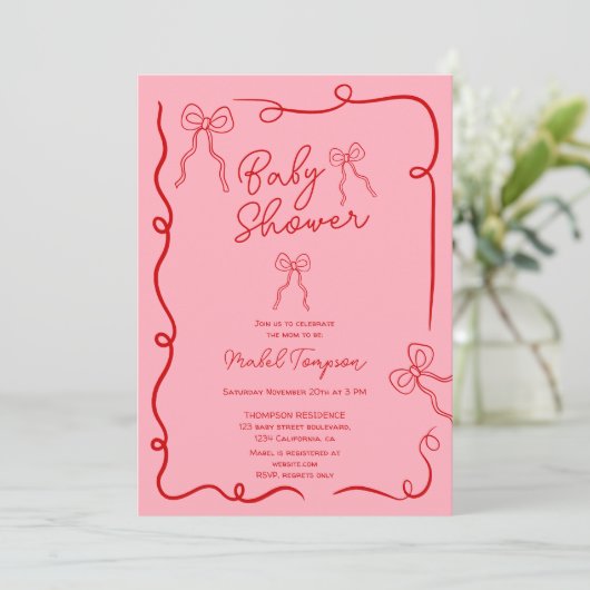 Rood roze strik lint illustraties Baby shower Kaart (Staand voorkant)