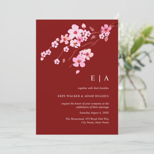 Rood Roze Waterverf Cherry Blossom Bruiloft Kaart (Staand voorkant)