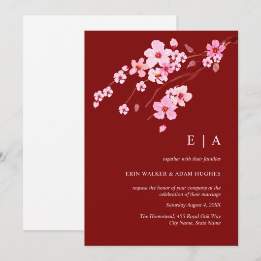 Rood Roze Waterverf Cherry Blossom Bruiloft Kaart (Voorkant / Achterkant)