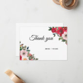 Rood roze waterverf florale dank notitiekaartje (Voorkant / Achterkant in situ)