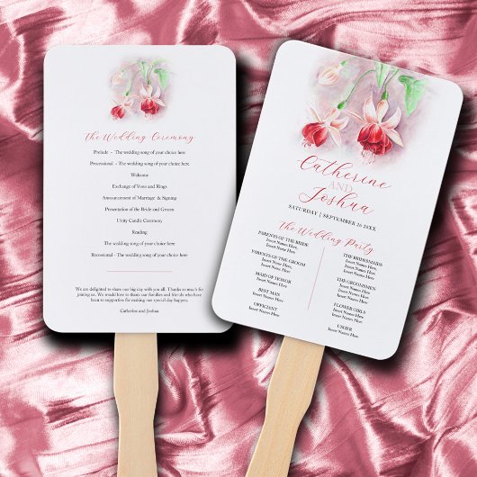 Rood roze waterverf fuchsia bruiloft programma handwaaier