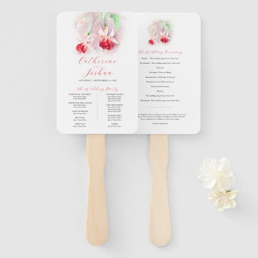 Rood roze waterverf fuchsia bruiloft programma handwaaier (Voorkant en achterkant)