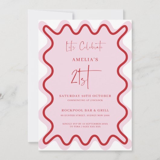Rood Roze Wavy Border 21e Verjaardag uitnodiging (Voorkant)