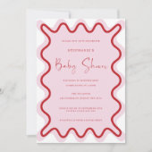 Rood Roze Wavy Border Baby shower Invitation Kaart (Voorkant)