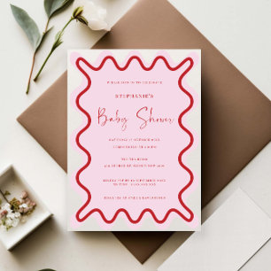 Rood Roze Wavy Border Baby shower Invitation Kaart
