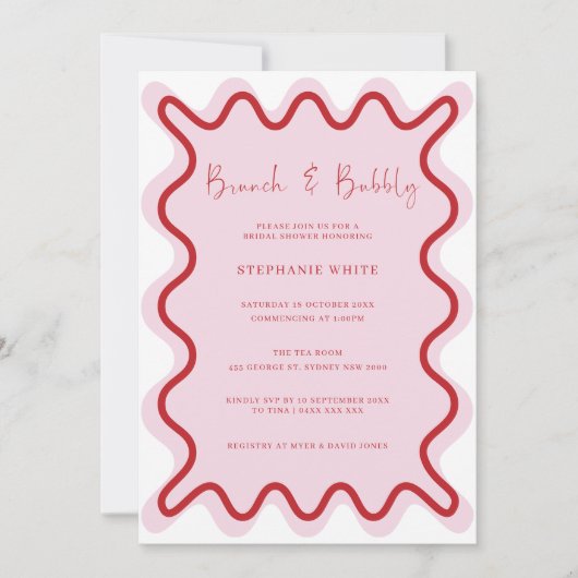 Rood Roze Wavy Border Brunch en Bubbly Kaart (Voorkant)