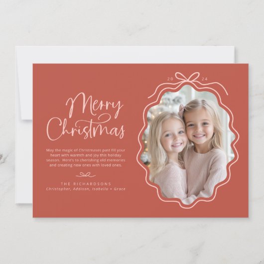 Rood Roze Wavy Retro Foto Feestdagenkaart (Voorkant)