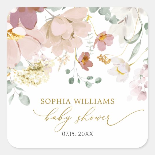 Rood & Roze Wildflower Baby shower Vierkante Sticker (Voorkant)