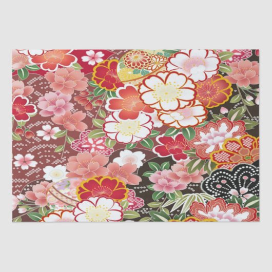 Rood Roze Wit Japans Kimono Bloemen Decoupage Tissuepapier (Voorkant)