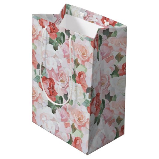 Rood Roze Witte Rozen Bloemen Vrijgezellenfeest Medium Cadeauzakje (Achterkant Gekanteld)