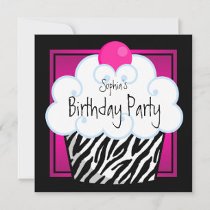 Rood Roze Zebra Meisjes Cupcake Verjaardagsfeestje Kaart
