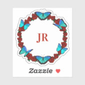 Rood rozen en blauw Butterflies Monogram Wreate Sticker (Vel)
