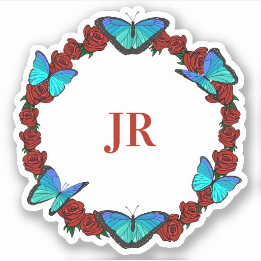 Rood rozen en blauw Butterflies Monogram Wreate Sticker (Voorkant)