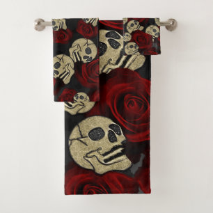 Rood rozen en korrels grijs, Floral gothic Bad Handdoek