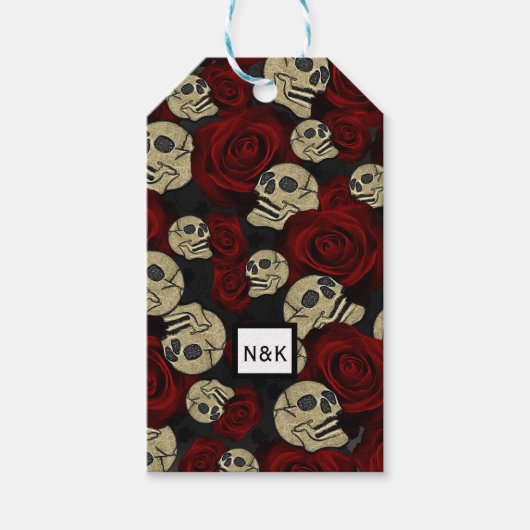 Rood rozen en korrels grijs, Floral gothic Cadeaulabel (Voorkant)