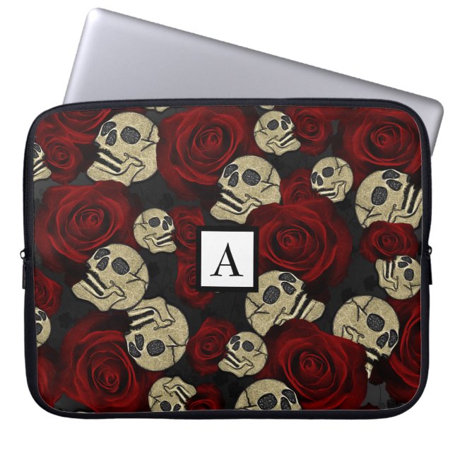 Rood rozen en korrels grijs, Floral gothic Laptop Sleeve (Voorkant)
