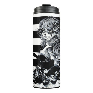 Rood rozen en korrels grijs, Floral gothic Thermosbeker