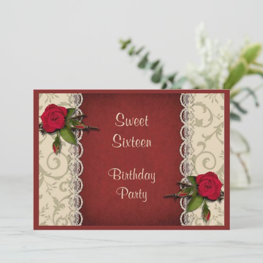 Rood rozen en witte zweet 16-jarige partij kaart (Staand voorkant)