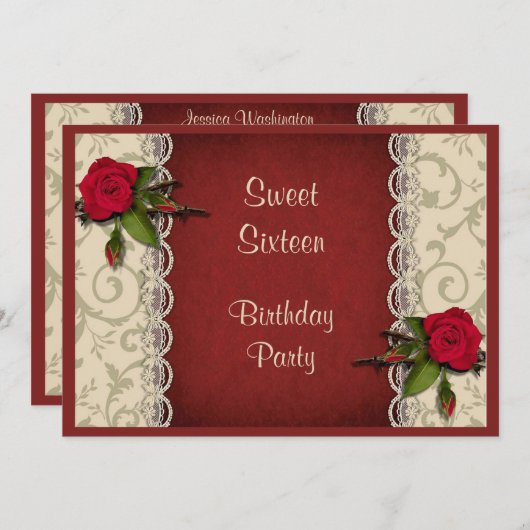 Rood rozen en witte zweet 16-jarige partij kaart (Voorkant / Achterkant)