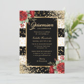 Rood Rozen Zwart Goud Confetti Bloemen Quinceañera Kaart (Staand voorkant)