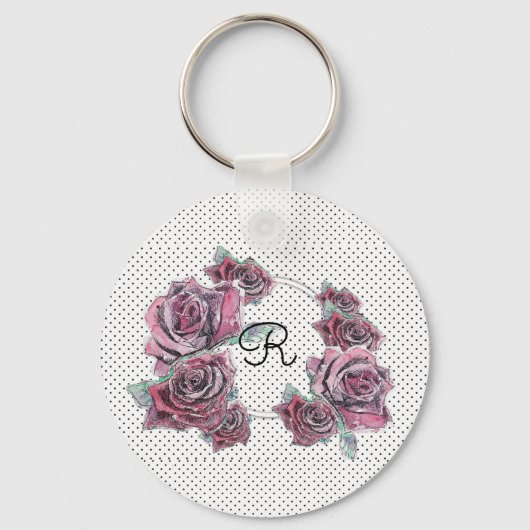 Rood rozenstip Waterverf Womans Initiaal Keyring Sleutelhanger (Voorkant)