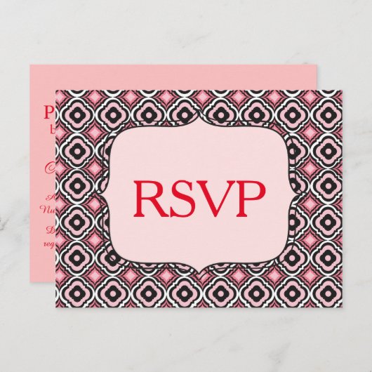 Rood RSVP Roze en Zwart Patroon Uitnodiging Briefkaart (Voorkant / Achterkant)