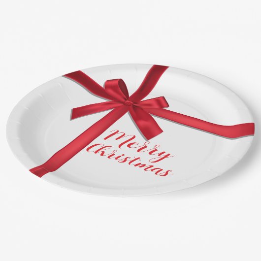 Rood Satijn Lint Boog Kerstfeest Papieren Bordje (Gekanteld)