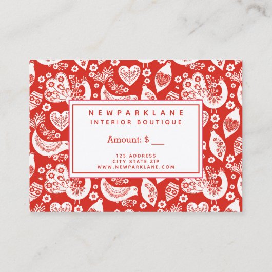 Rood Scandinavisch kerstprint cadeaubon Visitekaartje (Achterkant)