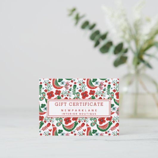 Rood Scandinavisch kerstprint cadeaubon Visitekaartje (Staand voorkant)