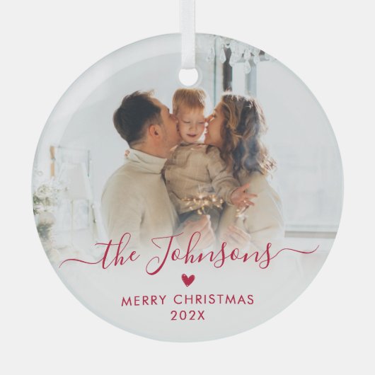 Rood Schattige Hart Script Familie Foto Vrolijk Ke Glas Ornament (Voorkant)