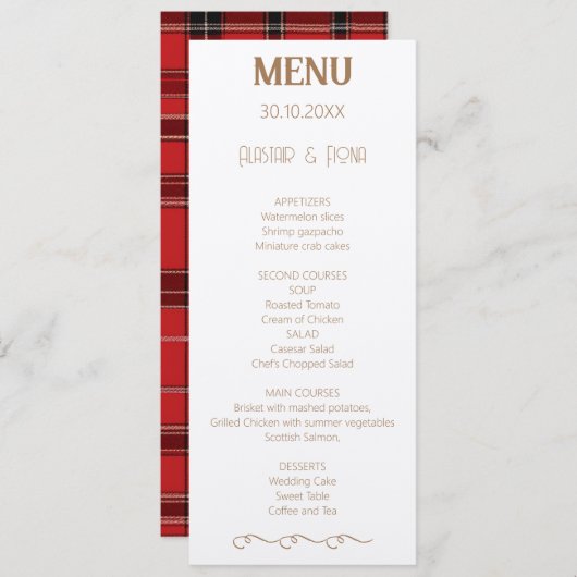 Rood Schots Tartan Bruiloft Menu (Voorkant / Achterkant)