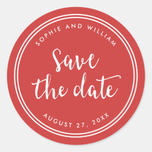 Rood Schrift en Witte Strepen Bewaar de Datum Ronde Sticker