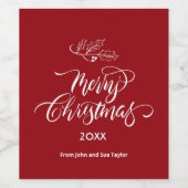 Rood Script Kalligrafie Vrolijk Kerstfeest Wijn Etiket (Enkel label)