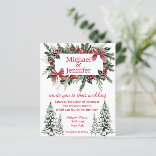 rood script kerst groen bruiloft uitnodiging (Staand voorkant)