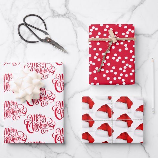 Rood script kerst, pokadots en Santa Hat Inpakpapier Vel (Voorkant)