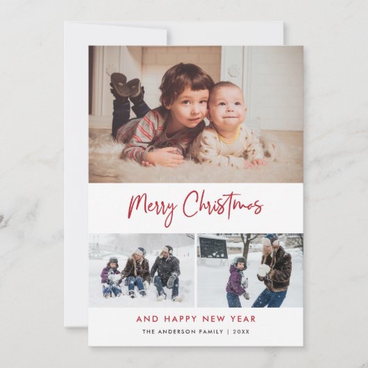 Rood script sterren Kerstmis 3 Foto Collage Feestdagenkaart (Voorkant)