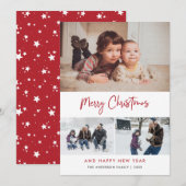 Rood script sterren Kerstmis 3 Foto Collage Feestdagenkaart (Voorkant / Achterkant)