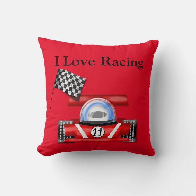 Rood Sierkussen "I Love Racing" met racewagen en v (Voorkant)