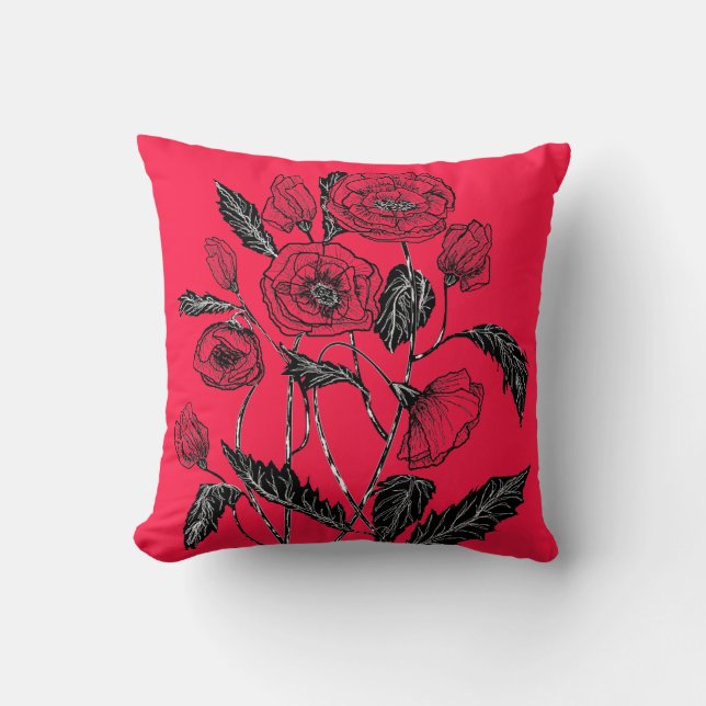 Rood Sierkussen met klaprozen - Kies kleur (Voorkant)