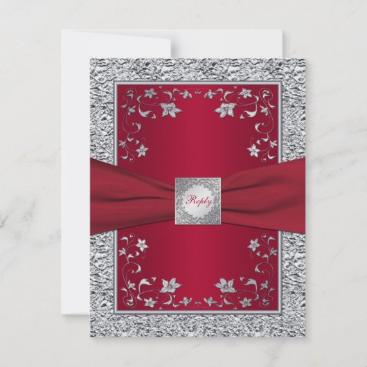 Rood, Silver FAUX Folie Floral RSVP-kaart RSVP Kaartje (Voorkant)