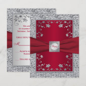 Rood, Silver FAUX Folie Floral RSVP-kaart RSVP Kaartje (Voorkant / Achterkant)