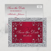 Rood, Silver FAUX FOLIE Floral Save the Date Kaart (Voorkant / Achterkant)