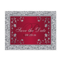 Rood, Silver FAUX FOLIE Floral Save the Date Kaart