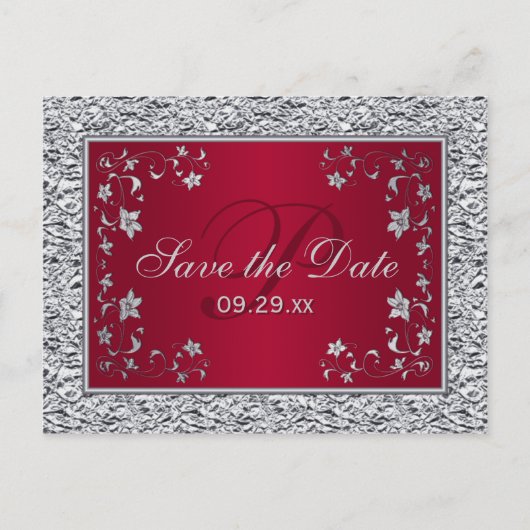 Rood, Silver FAUX FOLIE Floral Save the Date Kaart (Voorkant)